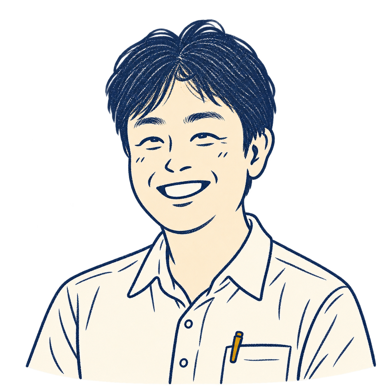 生成りの襟付きシャツを着た道上大輔の、笑顔の似顔絵